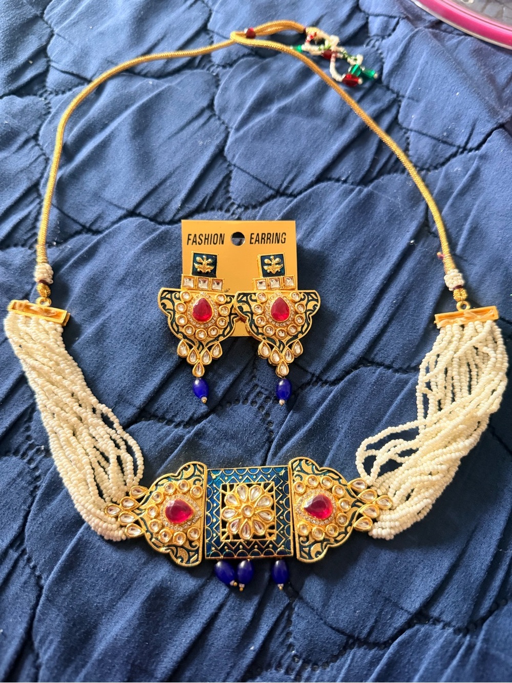Elegant Gold-Tone Beaded Necklace and Earring Set with Red and Blue Accents